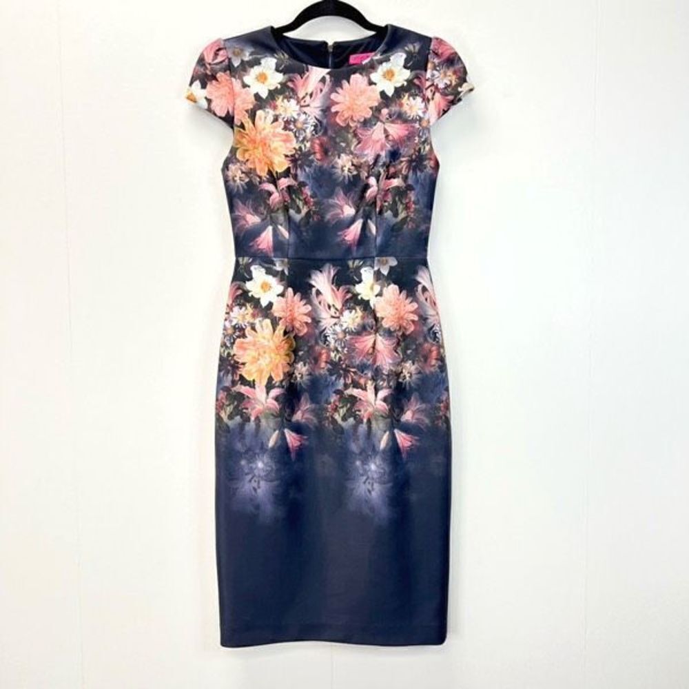 Betsey Johnson Navy Floral Stretch Sheath Midi Dress Cap Sleeve Size 0 Back Zip